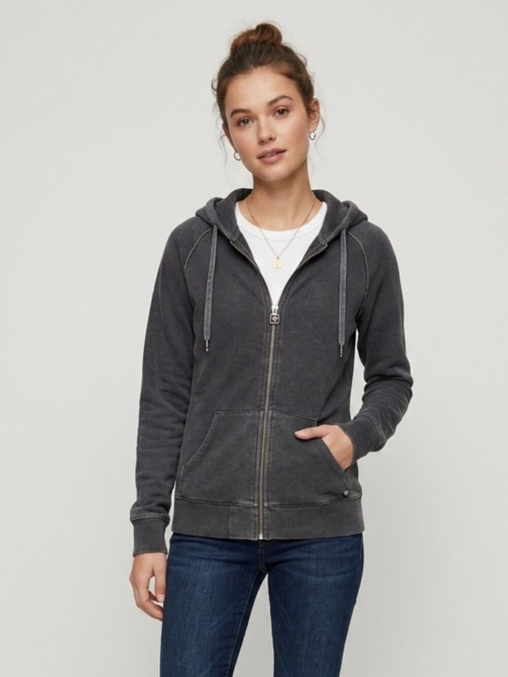 TNA Full ZIp Up Hoodie in Grey with White Embroidered Logo